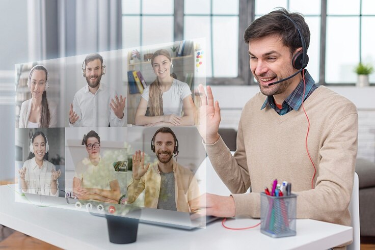 A virtual call center with remote agents connected through screens, symbolizing the concept of a virtual call center